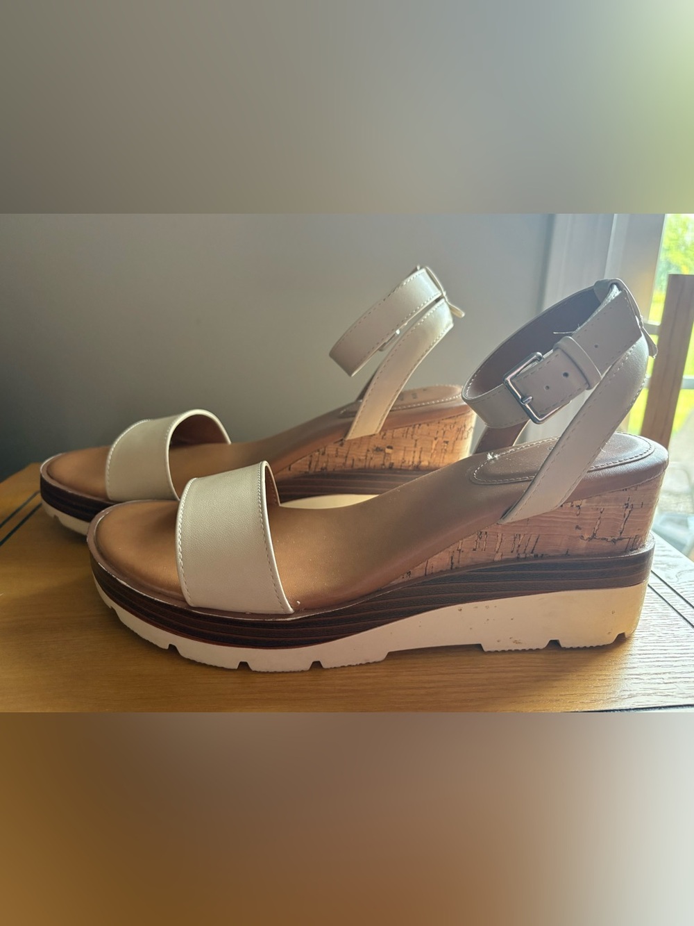 a new day Cream Ankle-Strap Cork Platform Wedge Sandals